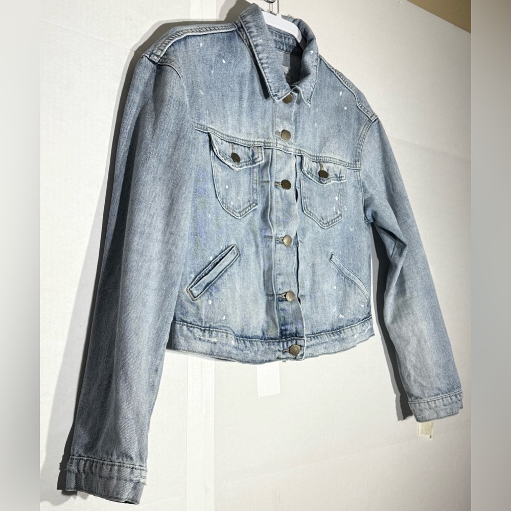 Old Navy Jean Jacket Paint Splatter Distressed Button Up Women’s Size Medium - Picture 3 of 8